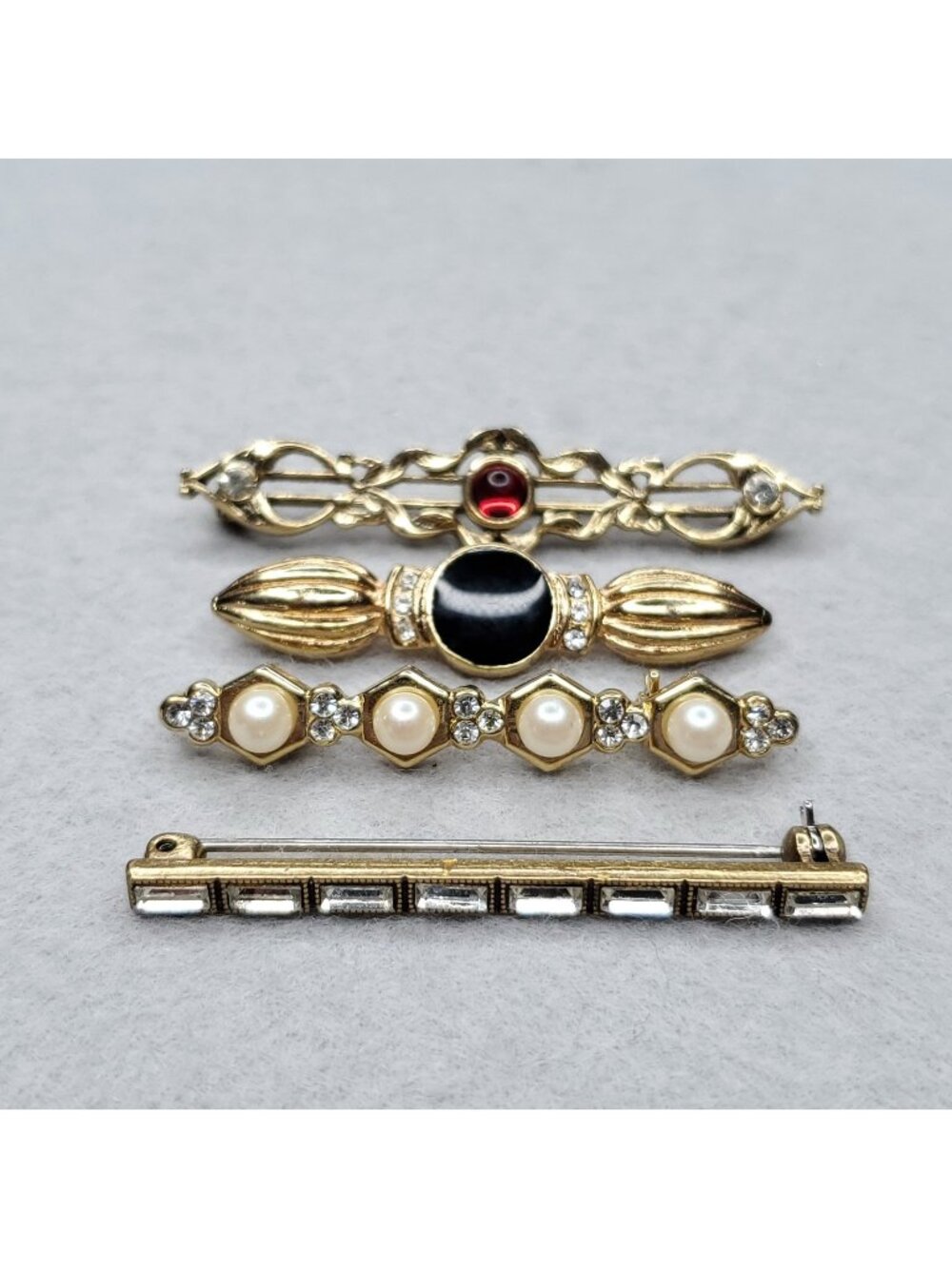 Vintage Bar Brooch Gold Tone Red Black Rhinestone Faux Pearl Lot of 4